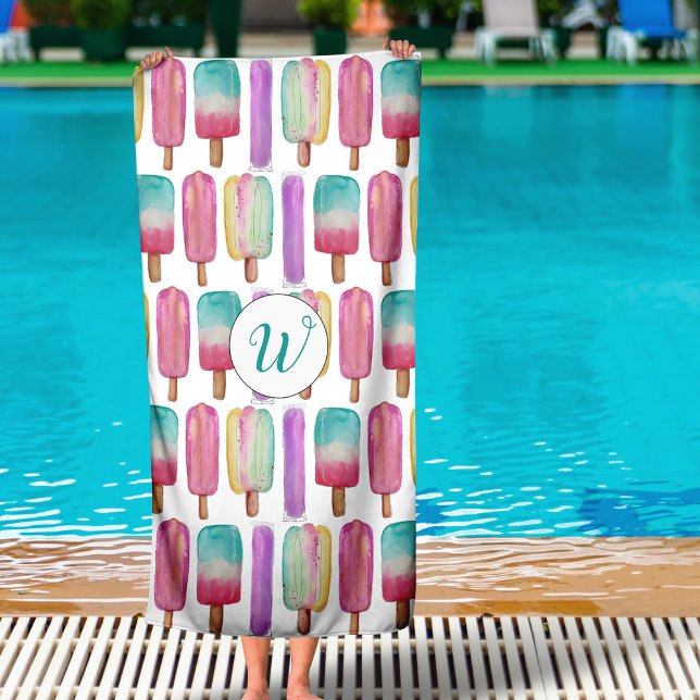 Eis Pop Eiscreme Farblich Niedlich trendy Monogram Strandtuch (Hand painted watercolor and ink ice cream pops pattern original art by Malissa Melrose)