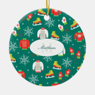 Eis-Skate Schneeflocken Aquamarine Monogramm Weihn Keramik Ornament