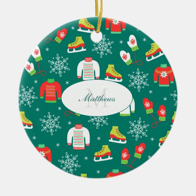 Eis-Skate Schneeflocken Aquamarine Monogramm Weihn Keramik Ornament (Vorne)