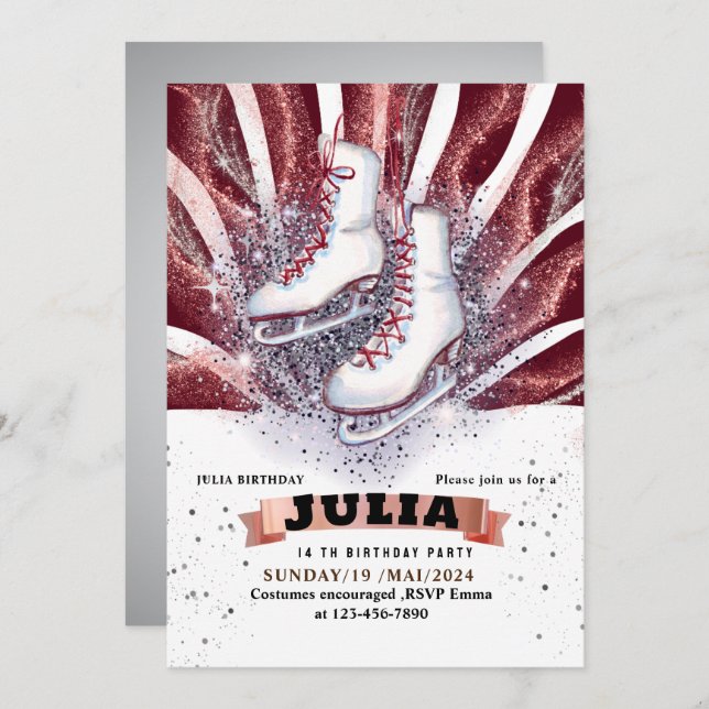 Eis Skate Skaten silber glänzend braun rot Einladung (Vorne/Hinten)