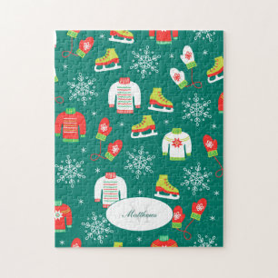 Eis-Skate und Schneeflocken-Aquamarines Monogramm- Puzzle