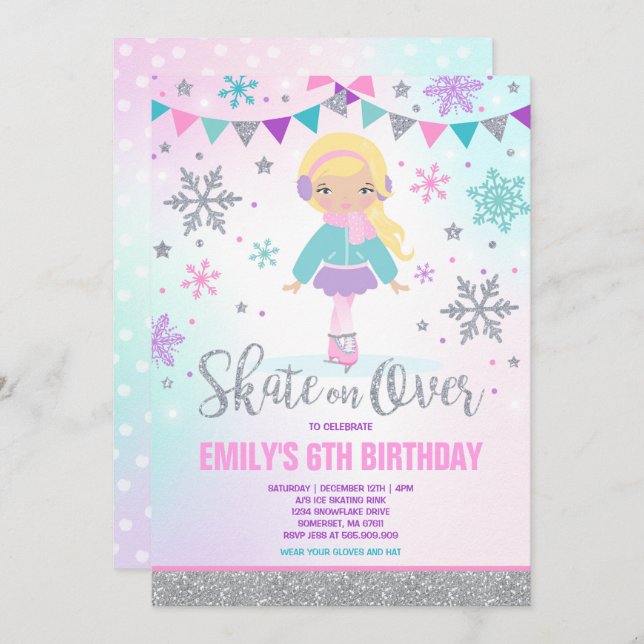 Eis Skaten Einladung Eis Skaten Party Silber (Vorne/Hinten)