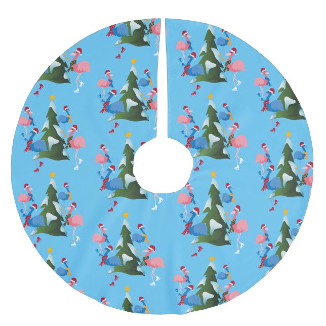 Eis Skaten Flamingos mit Weihnachtsmannmützen Polyester Weihnachtsbaumdecke (Vorderseite)