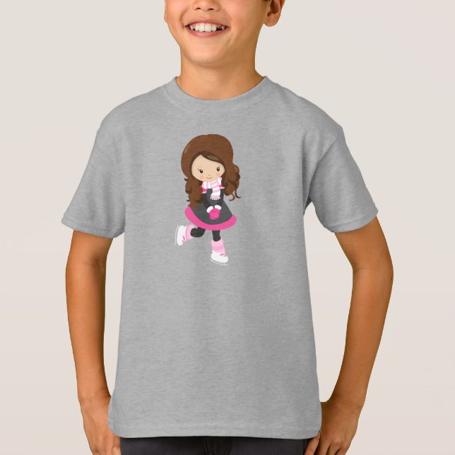 Eis Skaten Girl, Niedlich Girl, Braunhaar, Scarf T-Shirt (Vorderseite)