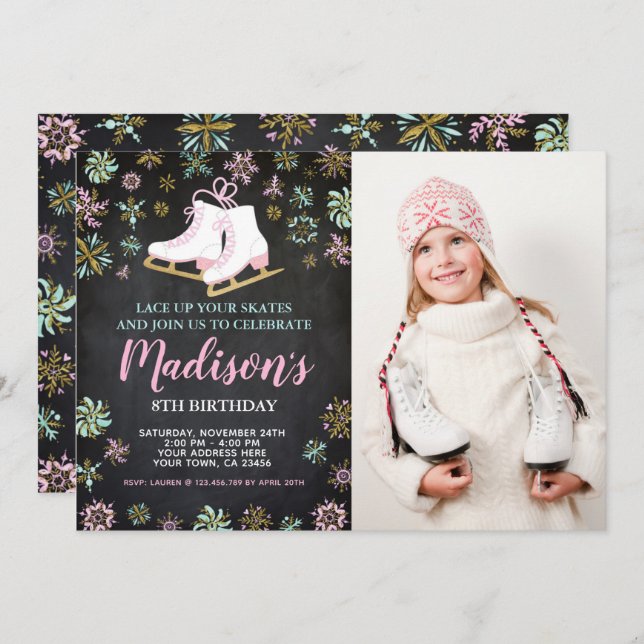 Eis-Skaten, Wintermärchenland mit Foto Einladung (Vorne/Hinten)