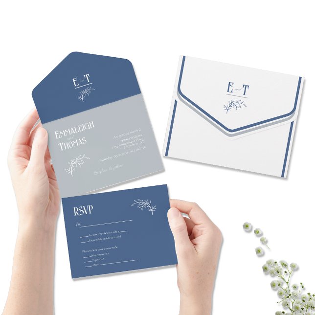 Eis und Navy Blues Simple Modern Wedding All In One Einladung (Von Creator hochgeladen)