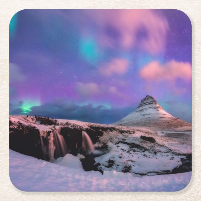 Eis und Schnee | Nordlichter, Kirkjufell Rechteckiger Pappuntersetzer (Vorderseite)