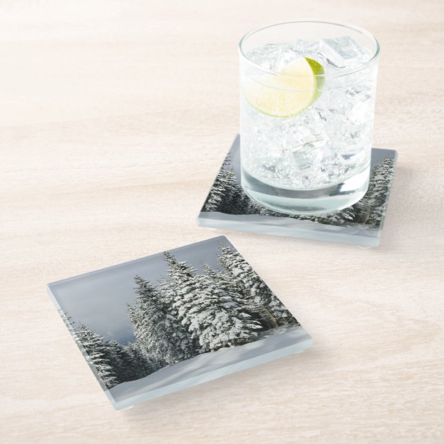 Eis und Schnee | Pine Woodland, Österreich Glasuntersetzer (Schrägansicht)