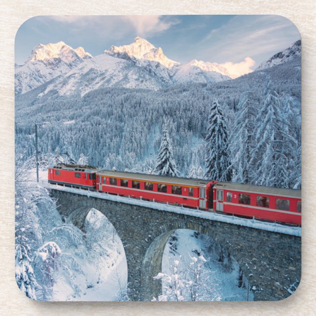 Eis und Schnee | Red Bernina Express Zug Schweiz Getränkeuntersetzer (Vorderseite)
