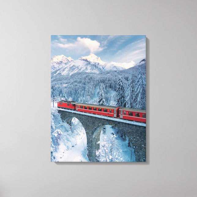 Eis und Schnee | Red Bernina Express Zug Schweiz Leinwanddruck (Vorderseite)