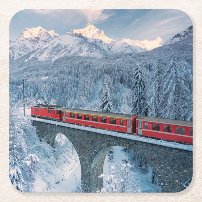 Eis und Schnee | Red Bernina Express Zug Schweiz Rechteckiger Pappuntersetzer (Vorderseite)