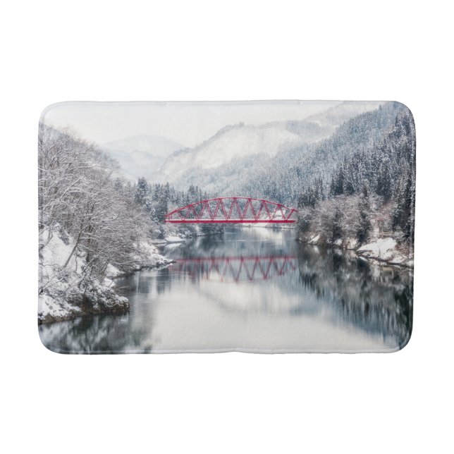 Eis und Schnee | Rote Brücke im Winter, Japan Badematte (Vorderseite)
