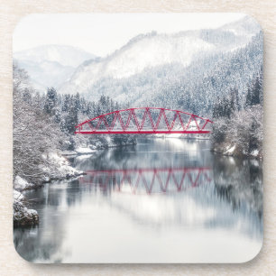 Eis und Schnee   Rote Brücke im Winter, Japan Getränkeuntersetzer