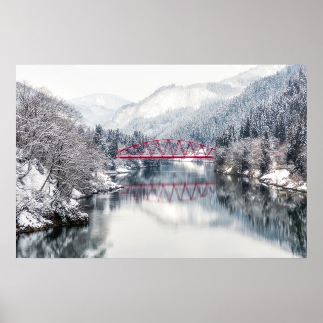 Eis und Schnee | Rote Brücke im Winter, Japan Poster (Vorne)