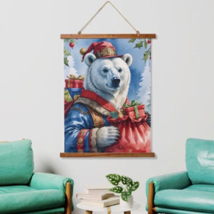 Eisbaer-Weihnachtsmann-Weihnachtsdesign Wandteppich Mit Holzrahmen