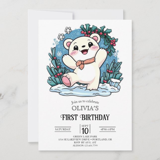 Eisbär 1. Geburtstag digital Einladung (Vorderseite)