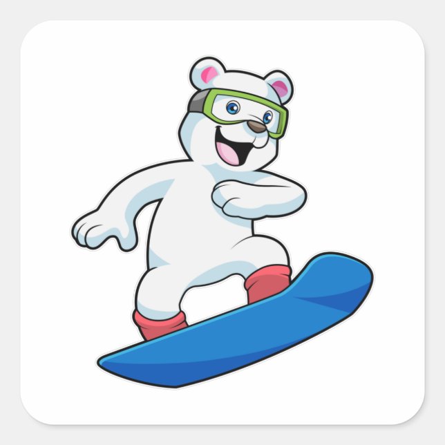 Eisbär als Snowboarder mit Snowboard Quadratischer Aufkleber (Vorderseite)