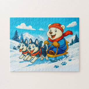 Eisbär beim Rennen mit einem Huskyschlitten-Team Puzzle
