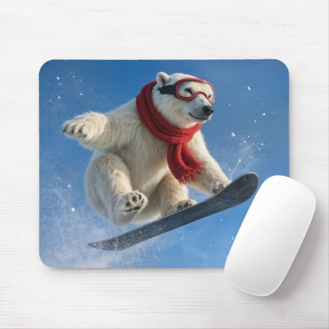 Eisbär in der Luft auf einem Snowboard Mousepad (Mit Mouse)
