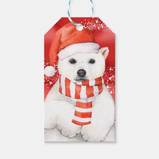 Eisbär in einer santa cap - Schneeflocken w weiß Geschenkanhänger (Vorderseite)