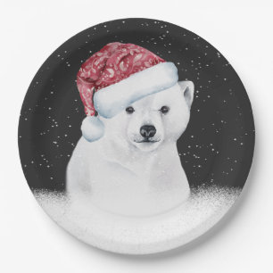Eisbär in Schneeflocken Pappteller