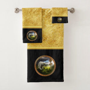 Eisbär mit Blick auf das Nordpol-Holzschild Badhandtuch Set