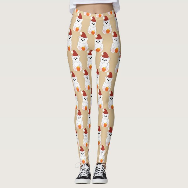 Eisbär mit Weihnachtsschmuckmuster beige Leggings (Vorderseite)