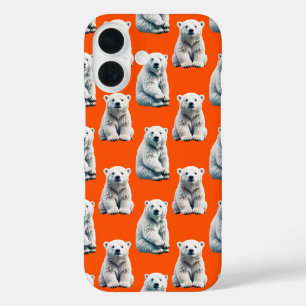 Eisbär-Musterdesign auf Orange iPhone 16 Hülle