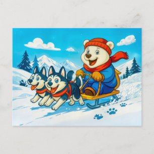 Eisbär rast mit einem Husky-Schlittenhund-Team Postkarte