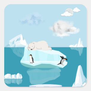 Eisbär schlafend und Pinguine auf einem Aufkleber. Quadratischer Aufkleber