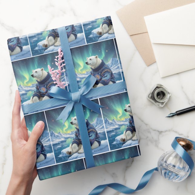 Eisbär sitzt unter Nordlichtern Geschenkpapier (Schenken)