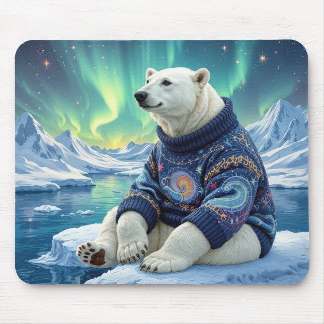 Eisbär sitzt unter Nordlichtern Mousepad (Vorne)
