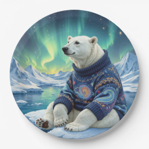 Eisbär sitzt unter Nordlichtern Pappteller