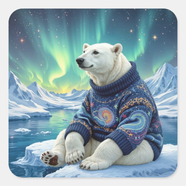 Eisbär sitzt unter Nordlichtern Quadratischer Aufkleber (Vorderseite)