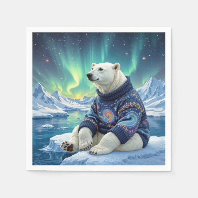Eisbär sitzt unter Nordlichtern Serviette (Vorderseite)