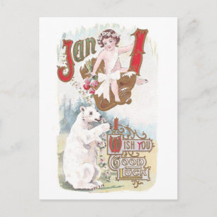 Eisbär und Baby Neujahr Vintage Feiertagspostkarte