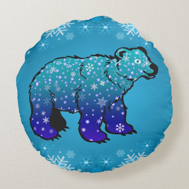 Eisbär und Schneeflocken Rundes Kissen (Rückseite)
