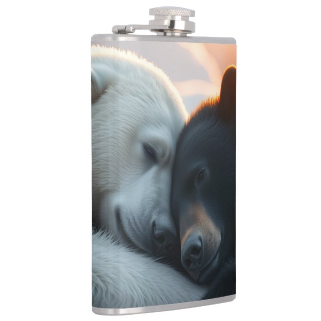 Eisbär und Schwarzbär umarmen sich Flachmann (Rechts)
