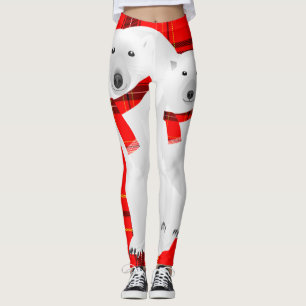 Eisbär und Weißer Wolf Rot karierter Schal Legging Leggings