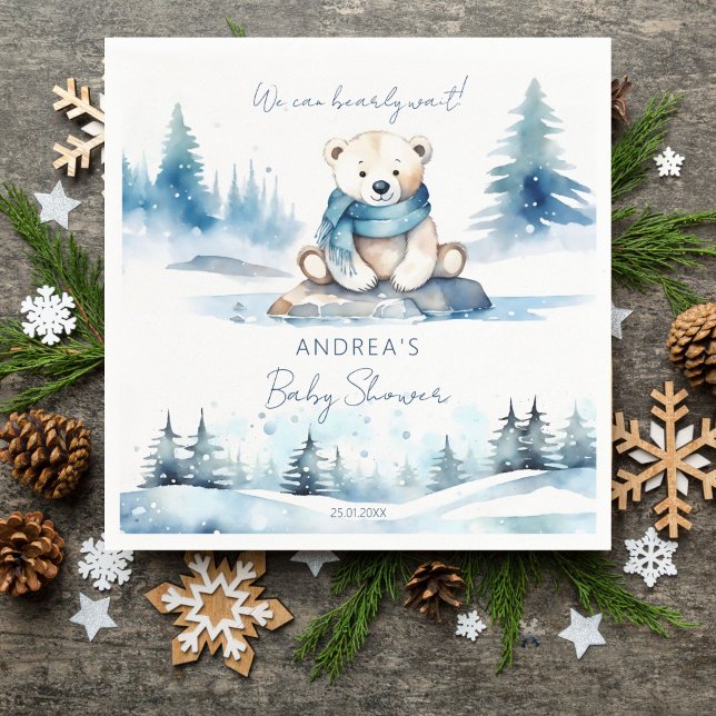 Eisbär Winter Beabsichtigen Baby-Duschvorschau Serviette (Polar bear winter bearly wait baby shower tableware personalized template napkins cute white teddy)