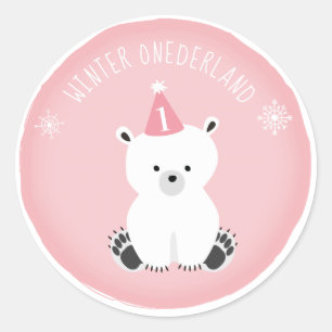 Eisbär-Winter Onederland rosa Geburtstag Runder Aufkleber