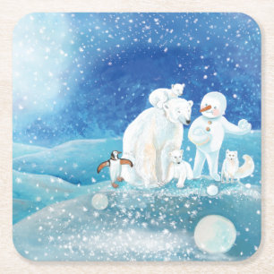 Eisbären, Polar Fox, Kaiserpinguin und Snowman Rechteckiger Pappuntersetzer