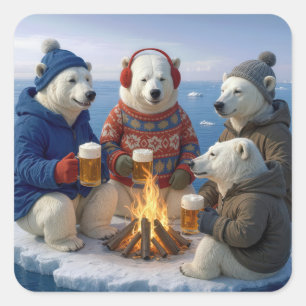 Eisbären trinken um ein Lagerfeuer herum Quadratischer Aufkleber