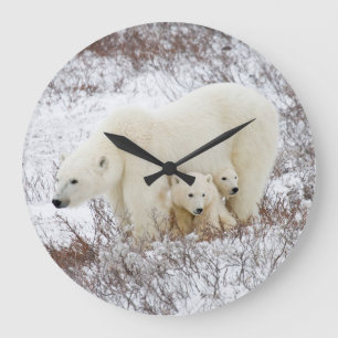 Eisbären weiblich und zwei Junge Große Wanduhr