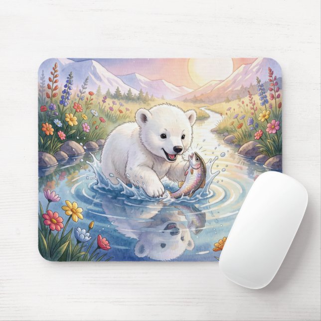 Eisbärjunges spielt mit einem Fisch Mousepad (Mit Mouse)
