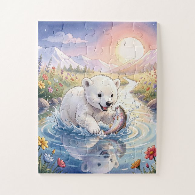 Eisbärjunges spielt mit einem Fisch Puzzle (Vertikal)