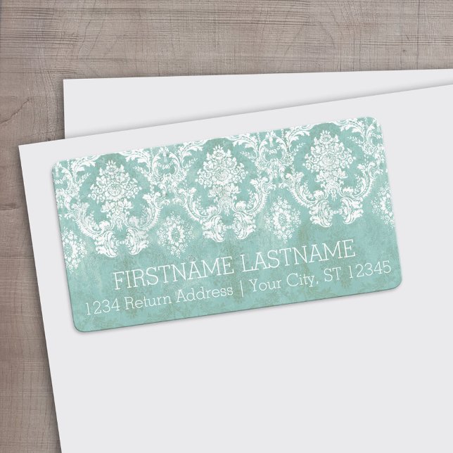 Eisblau Vintager Damast Muster mit grungy Finish Adressaufkleber (Custom Address Label)