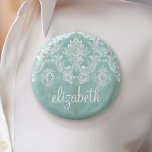 Eisblau Vintager Damast Muster mit grungy Finish Button<br><div class="desc">Ein Vintages Muster mit einer Tafel und Spitzen-Design. Schau genau auf die Blume und Blätter. Ein trendiges Design mit Juwelenfarben und Eleganz. Elemente können leichter angepasst werden, wenn Sie zuerst alle Foto und Texte ersetzen. Wenn Ihre Kunst noch angepasst werden muss, klicken Sie auf die Schaltfläche Diese anpassen. Das bringt...</div>