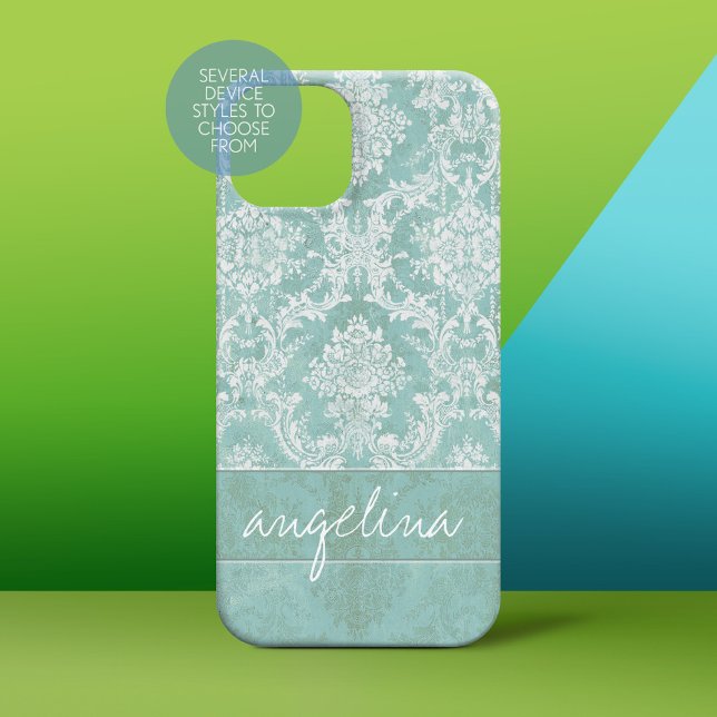 Eisblau Vintager Damast Muster mit grungy Finish Case-Mate iPhone Hülle (Personalized Phone Case)