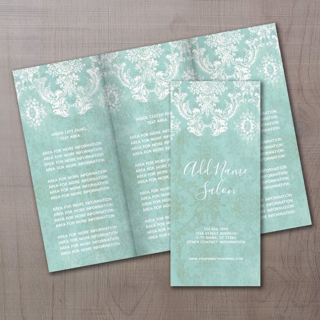 Eisblau Vintager Damast Muster mit grungy Finish Flyer (Tri fold business pamphlet - shabby chic design)
